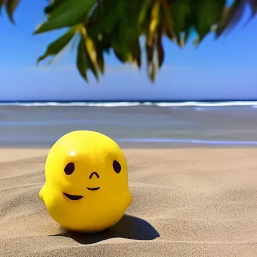 Image similar to a lemon in shape of a human with legs of lemons and round body, arms of lemons, relaxing on a beach, very realistic, high quality, volumetric light