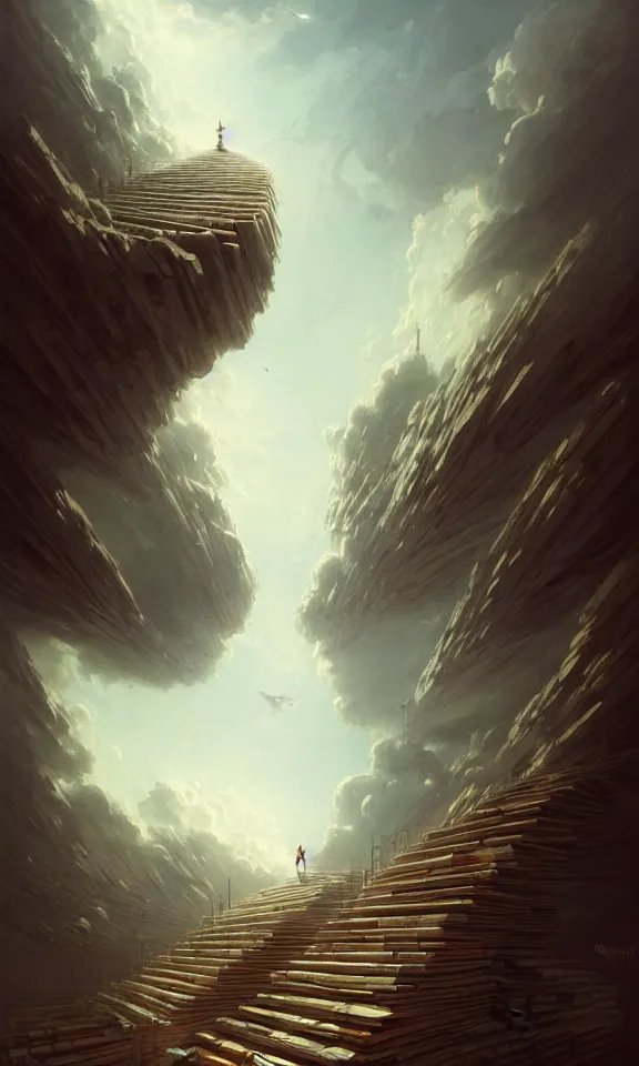 Image similar to endless stairs made of books leading to heaven, sky full of clouds, art by greg rutkowski and peter mohrbacher, featured in artstation, octane render, cinematic, elegant, intricate, ultra detailed, rule of thirds, professional lighting, unreal engine, fantasy, concept art, sharp focus, illustration, 8 k