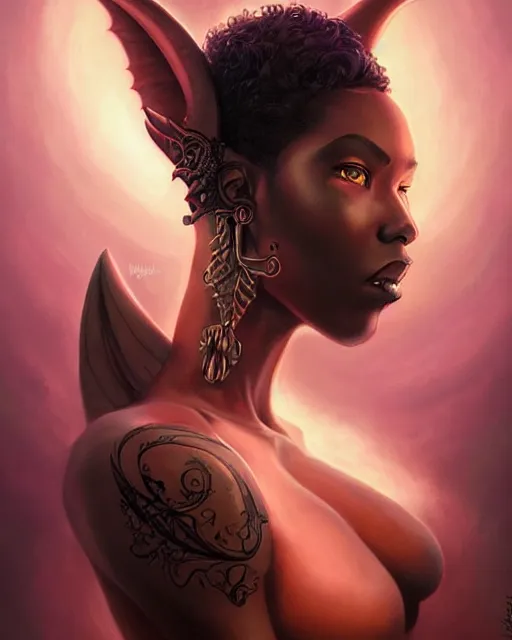 Image similar to Fierce ebony woman with a draconic face tattoo, dark fantasy stylized portrait, radiant light, glowing halo, artgerm, peter mohrbacher, deviantart