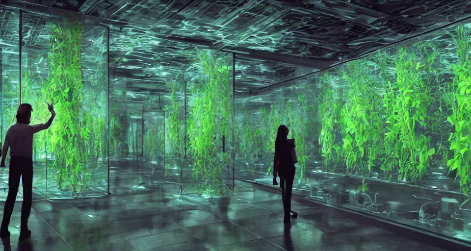 Prompt: a 1 8 mm photo of a scientist looking at a wall of green transparent bio - mechanical pods with different species of creatures inside, 4 k, unreal engine, concept art, matte painting, cosmic horror, nightmare,