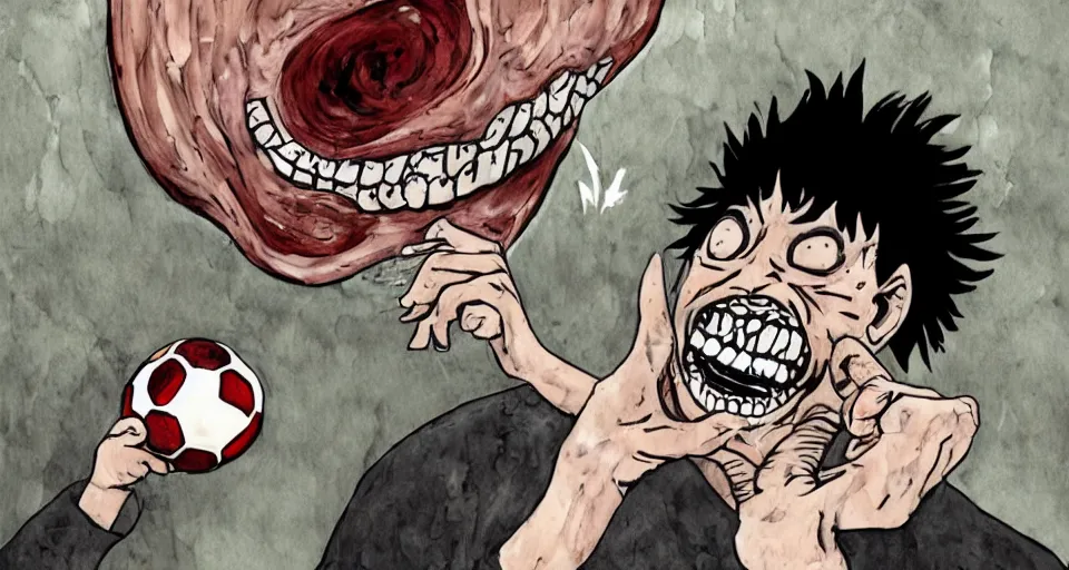 Prompt: a man eating a soccer ball and laughing in the style of Junji Ito