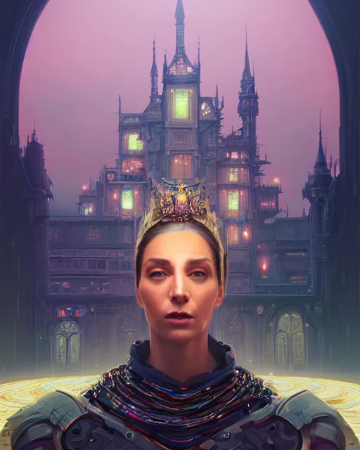 Image similar to highly detailed surreal vfx portrait of a cyberpunk queen in a majestic castle by golden tree, stephen bliss, unreal engine, greg rutkowski, loish, rhads, beeple, makoto shinkai and lois van baarle, ilya kuvshinov, rossdraws, tom bagshaw, alphonse mucha, global illumination, detailed and intricate environment