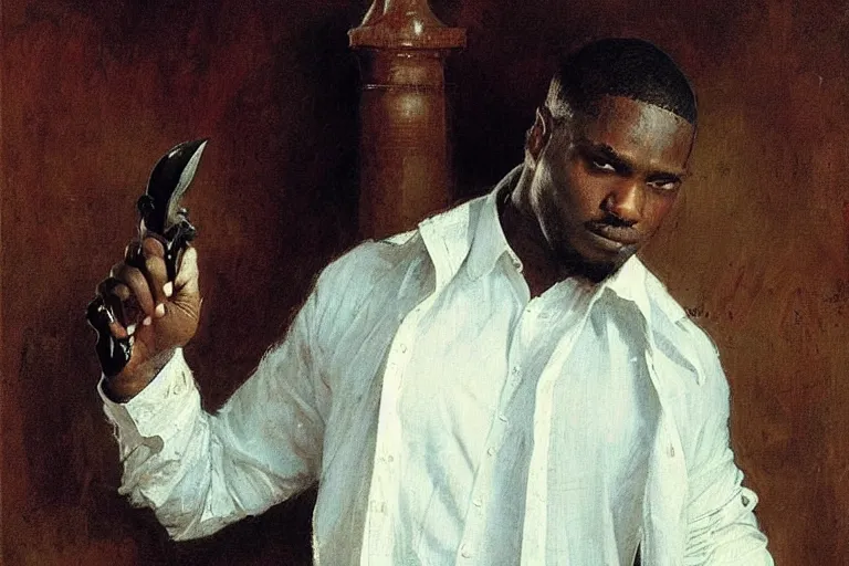 Image similar to a 3 0 year old, black contract killer wearing a pristine white dress shirt. he is hold a bloody knife. art by gaston bussiere.