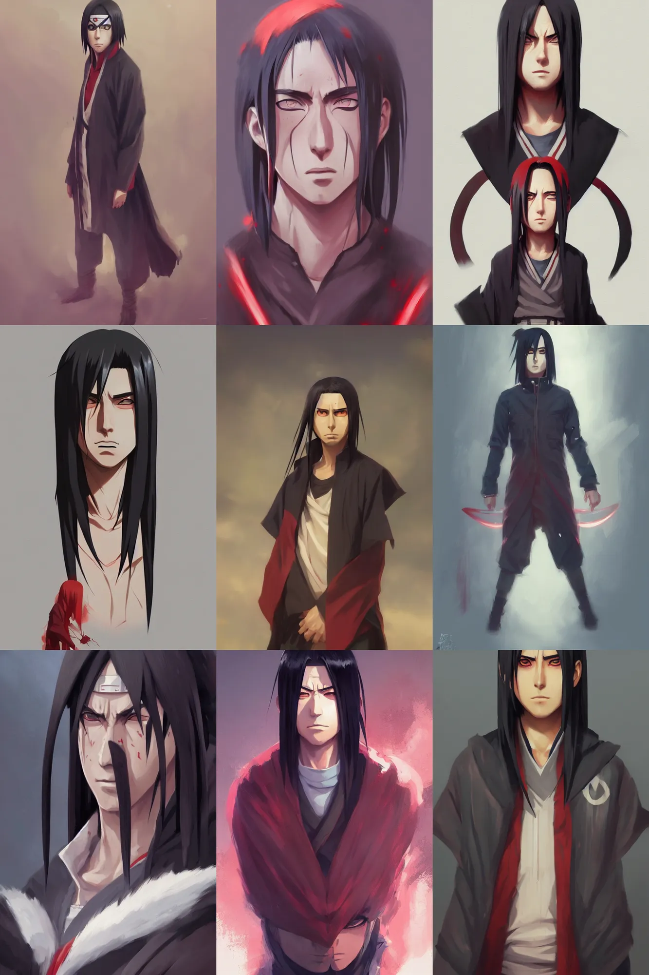 Prompt: full length portrait of itachi uchiha from naruto by greg rutkowski, highly detailed, portrait, scifi, digital painting, artstation, concept art, smooth, sharp focc