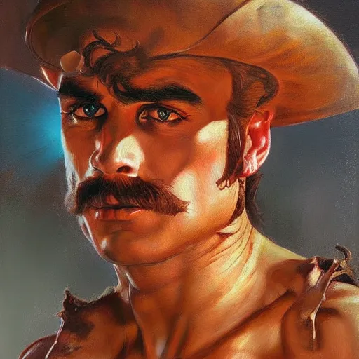 Prompt: detailed portrait mario intricate, hyper detailed, realistic, oil painting, by julie bell, frank frazetta, cinematic lighting