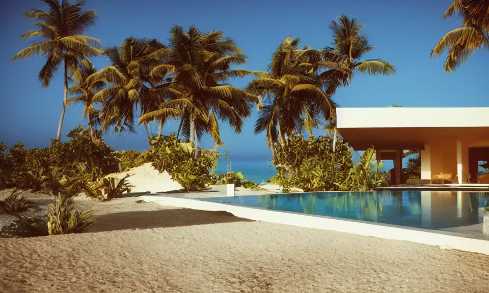 Prompt: 35mm film still, morning light over futuristic low-Fi villa on the beach at a tropical island, vivid , color palette of gold, infinity pool in front of house