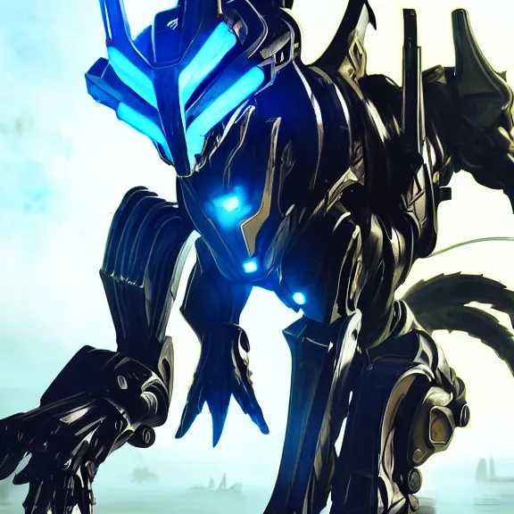 Image similar to cinematic shot, 35 foot tall detailed beautiful handsome quadrupedal feral robot mecha dragon, sharp edged black armor, gold accents, sleek blue OLED visor for eyes, four legs, walking in busy neon city streets, sharp paws, epic shot, highly detailed art, sci fi, furry, 3D realistic, warframe fanart, destiny fanart, furry art, dragon art, feral art, macro art, furaffinity, DeviantArt, sofurry