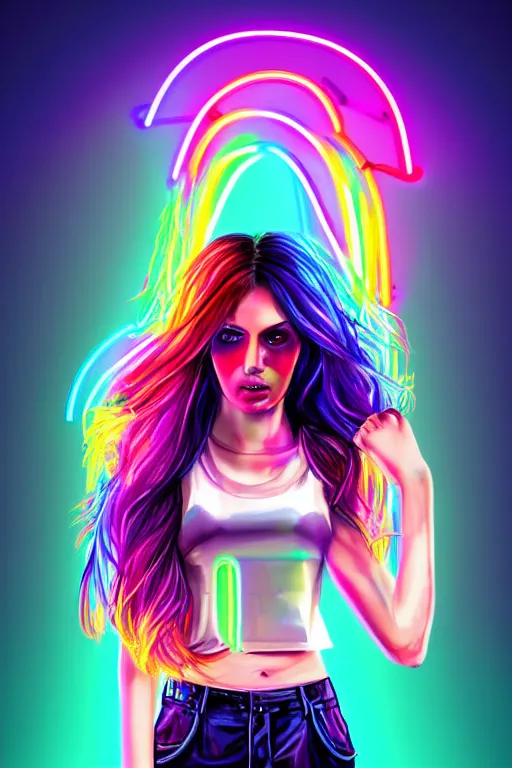 Image similar to a award winning half body portrait of a beautiful woman with stunning eyes in a croptop and cargo pants with rainbow colored ombre hairstyle head in motion and hair flying by thomas danthony, surrounded by whirling illuminated neon lines, outrun, vaporware, shaded flat illustration, digital art, trending on artstation, highly detailed, fine detail, intricate