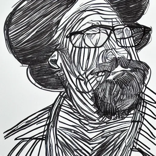 Image similar to continuous single line contour - drawing of waldo mcsimmonsberg, pen on white paper