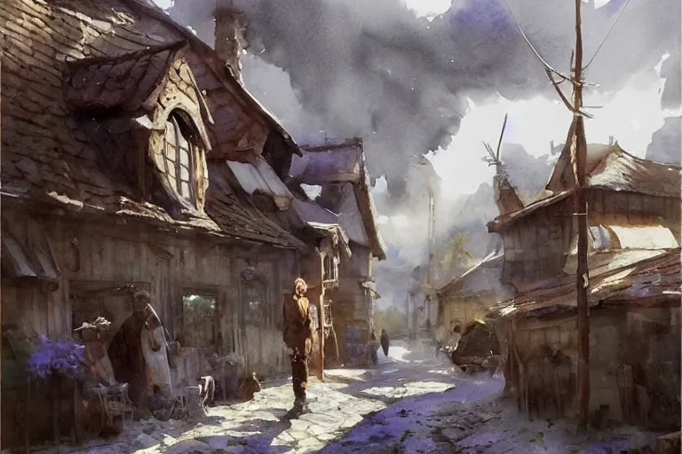 Image similar to watercolor painting of rustic village street, mud, scandinavian mythology, ambient lighting and shadows, art by hans dahl, by jesper ejsing, art by anders zorn, wonderful masterpiece by greg rutkowski, cinematic light, american romanticism by greg manchess, creation by tyler edlin