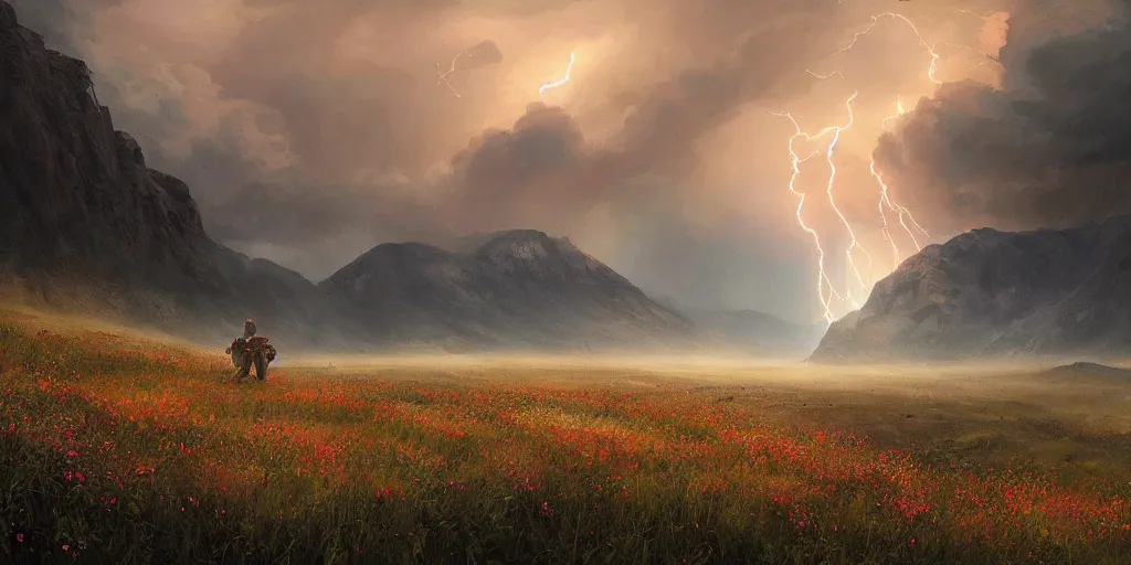 Prompt: a thunderstorm in the mountains, first light, mountains, lightning, meadow, wildflowers, clouds, dramatic lighting, sunrise, by greg rutkowski and jeffrey smith, trending on artstation