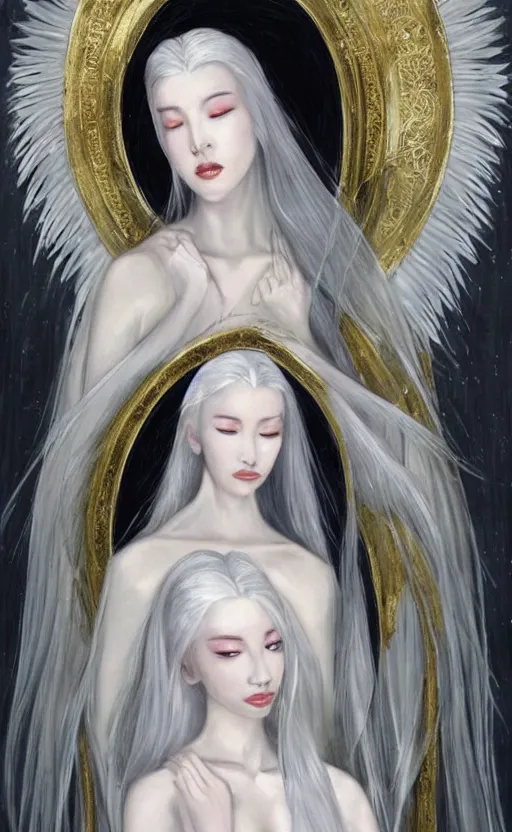 Prompt: angelic beauty with silver hair so pale and wan! and thin!?, flowing robes, covered in robes, lone pale wan asian goddess, wearing robes of silver, flowing, pale skin, young cute face, covered!!, clothed!! style of lucien levy - dhurmer and jean deville, oil on canvas, 4 k resolution, aesthetic!, mystery