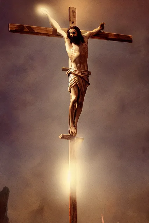 Image similar to jesus christ crucified and a light coming out of his chest, 8 k, hdr, great light, by greg rutkowski and annie leibowitz