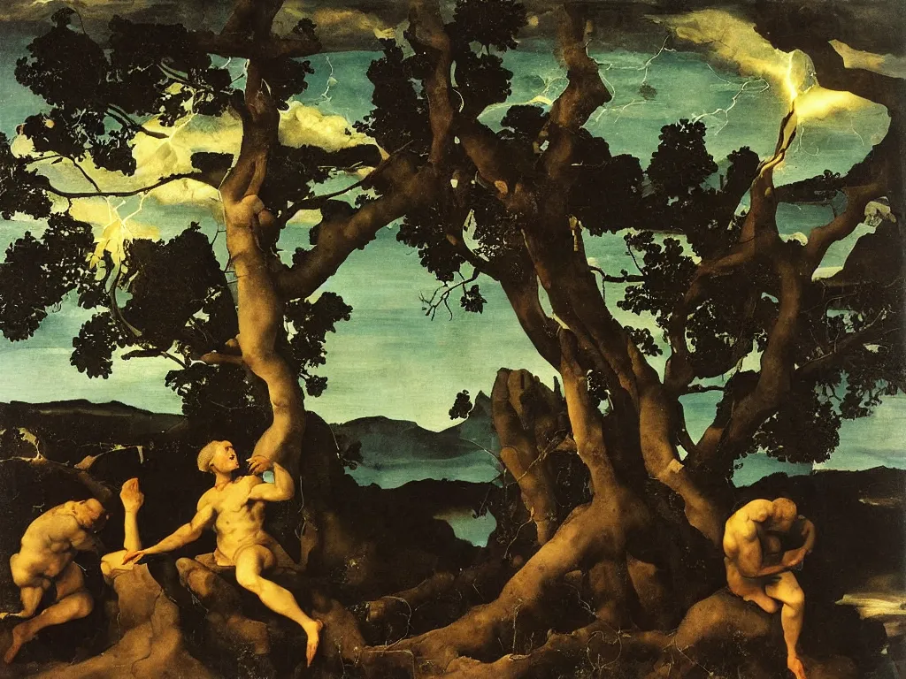 Image similar to Melancholic man with blue eyes looking at a lightning that strikes a tree, painting by Lorenzo Lotto