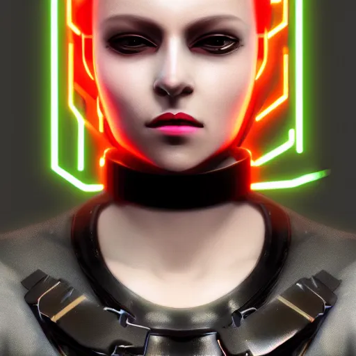 Image similar to headshot portrait of cyberpunk woman wearing thick steel choker around neck, 4K, detailed face, collar on neck, realistic, artstation, cyberpunk style, neon,