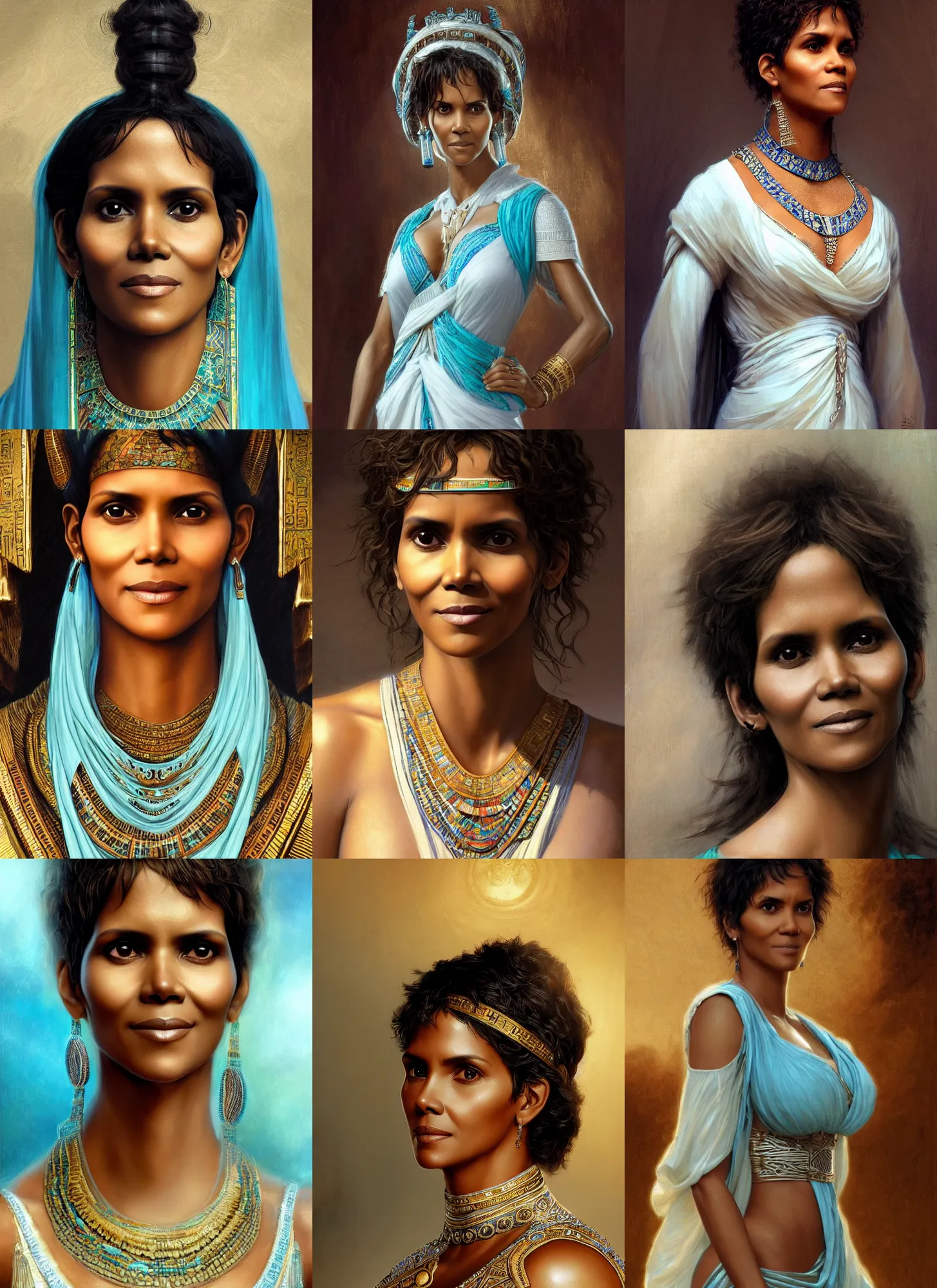 Prompt: halle berry close-up portrait ancient egyptian, white and cyan dress, intricate, elegant, highly detailed, digital painting, artstation, concept art, smooth, sharp focus, illustration, orientalism, edwin long, theodore ralli, aleksi briclot, rutkowski, bouguereau