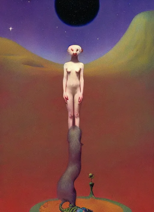 Image similar to the cosmic ferret queen bestows the earth with life, Edward Hopper and James Gilleard, Zdzislaw Beksinski, Mark Ryden, Wolfgang Lettl highly detailed, hints of Yayoi Kasuma, Odilon Redon. Drexler