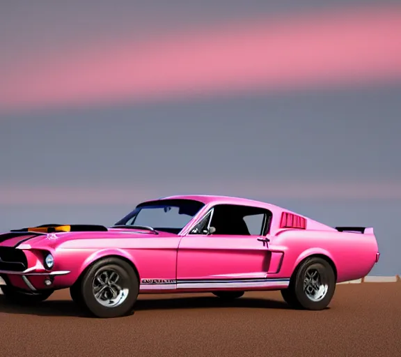 Prompt: !dream shot of 1967 Ford mustang Shelby GT500 in pink color at sunset in front a beach, realistic reflections, 4k, HD Photography, 3d render