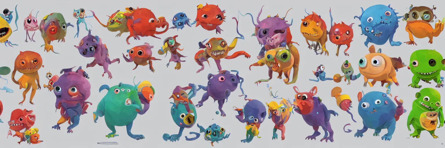Prompt: concept sheet of cute colorful 3 d family monster characters for kids assisting a concept machine style by hayao miyazaki, big eyes, simple smooth shapes and forms, reflective like candy, masterpiece, award - winning, intricate concept art, 8 k, artstation