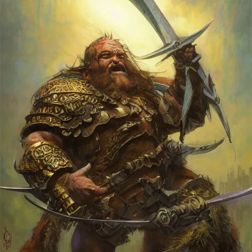 Image similar to art by donato giancola and bayard wu and gustav moreau and wayne barlowe, a fantasy cinematic shot of a dwarf berserker, fighting, warhammer, dnd, fighting monsters, octane render, hyperreal,