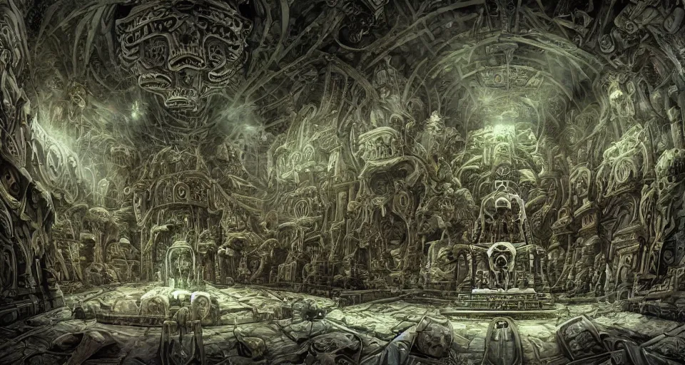 Prompt: a primodrial throne room made of green-gray stone covered in cursed glyphs, immense evil throne, macabre cavrings, bone and fossil theme, skulls on the walls weep glowing poison, wide-angle shot, angled view, fisheye lens, , animation background painting from Thundercats (1985), floor and ceiling visible, villain lair, haunted, ghoulish, macabre, burtonesque, two point perspective, clean scan, artstation trending, 8k
