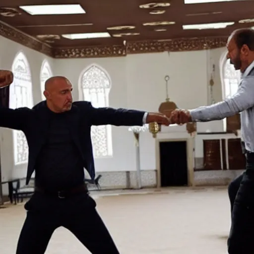 Prompt: The Rock and Recep Tayyip Erdogan fighting in a mosque