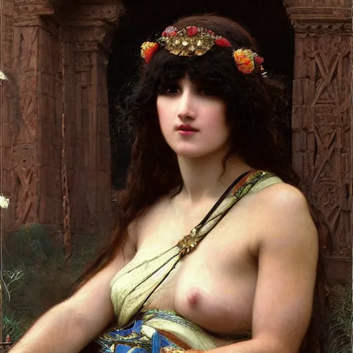 Prompt: orientalist portrait of a woman with thick black bangs and curls sitting outside sandstone ruins intricate artwork by john william waterhouse and Edwin Longsden Long and Theodore Ralli and Henryk Siemiradzki. trending on artstation, very coherent symmetrical artwork high detail 8k