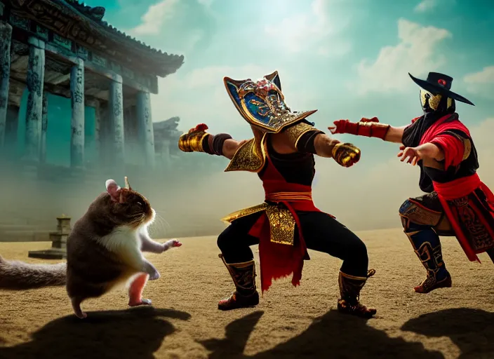 Image similar to hamster dressed as shao khan fights a cat dressed as kung lao in mortal kombat on the background of an ancient temple. fantasy magic style. highly detailed 8 k. intricate. lifelike. soft light. sony a 7 r iv 5 5 mm. cinematic post - processing