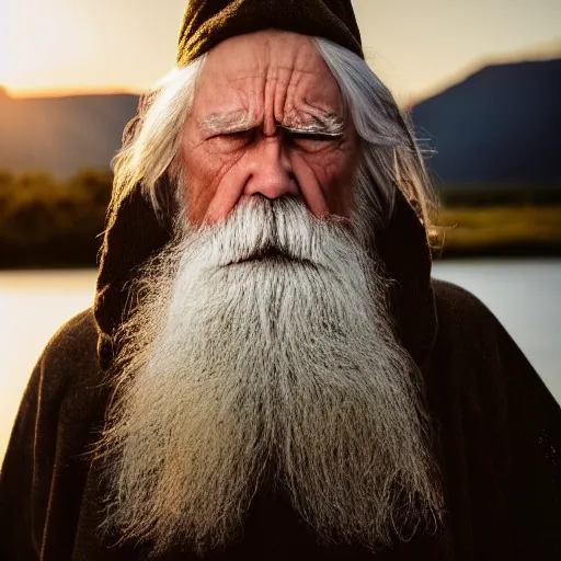 Prompt: scowling angry old wizard with a long white beard casting a spell, Tones of Black in Background, Golden Hour, Field of View, 2 Megapixels, 4-Dimensional