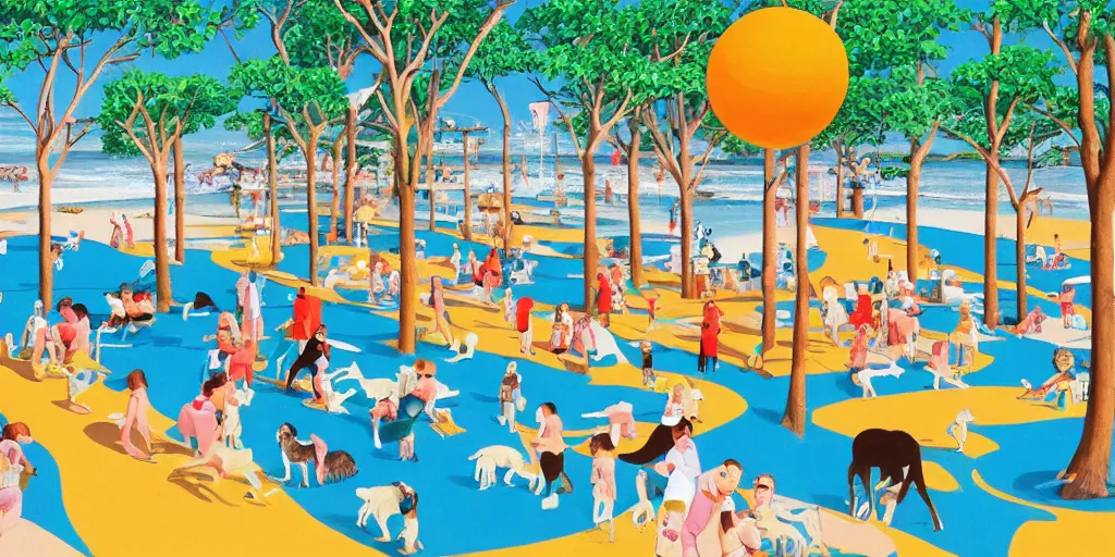 Prompt: sea, sand beach, a lot of wolves, all wolves in the world, children playground, in the forest, little girls skating, family and emma, colorful, full hd, highdetailed, hyperrealistic painting by Hiroshi Nagai