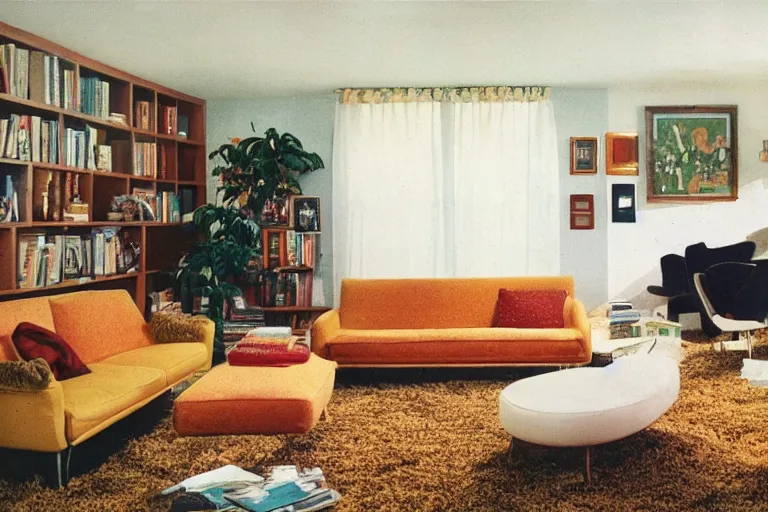 Prompt: a dimly lit retro 1970s living room with shag carpet and vintage decor
