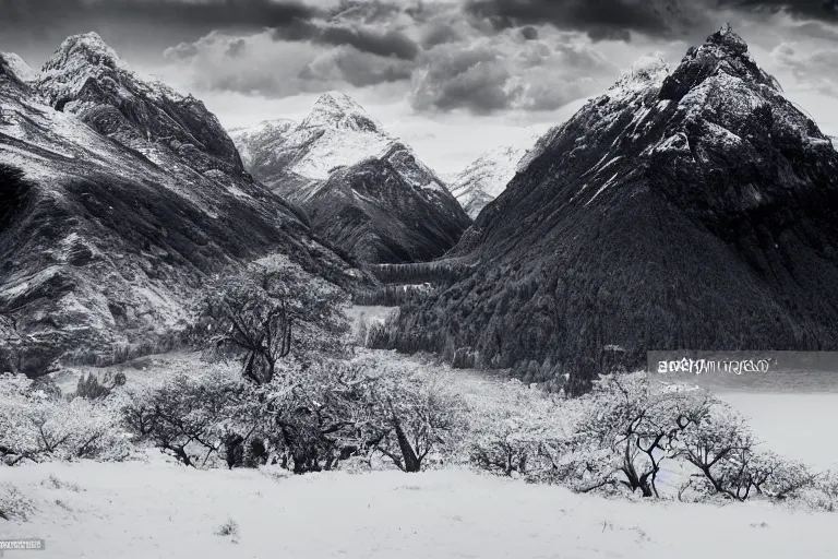 Image similar to distant dinosaur in a valley, huge snowy peaks, in the style of ansel adams, black and white, old, master photography