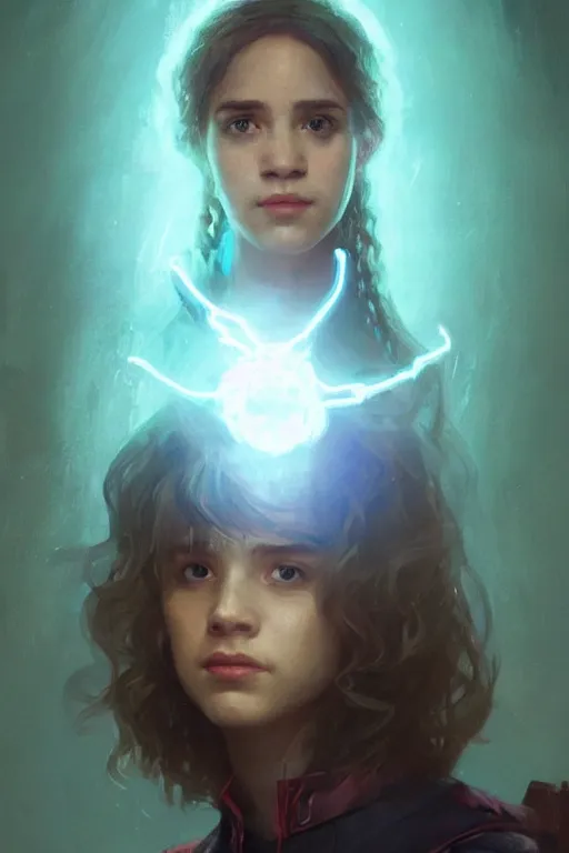 Image similar to portrait of Hermione Granger in cyberpunk, neon lighting, digital art from artstation by Ruan Jia and Mandy Jurgens and Artgerm and william-adolphe bouguereau and Greg Rutkowski and Wayne Barlowe