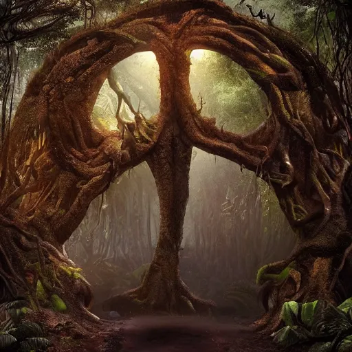 Image similar to ominous, errie portal to hell embedded in a terrifying tree in a densely overgrown jungle, fantasy, dreamlike sunraise, ultra realistic, atmospheric, stopped in time, epic