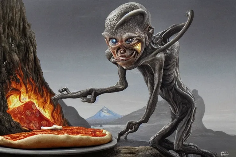 Image similar to a highly detailed gollum making pizza! using a blowtorch!, a volcano in the background is spewing black smoke, with streams of hot lava flowing, post - apocalyptic vibe, full body, wide angle, an ultrafine detailed painting by joe fenton, trending on deviantart, pop surrealism, whimsical, lowbrow, perfect symmetrical face, sharp focus, octane, masterpiece