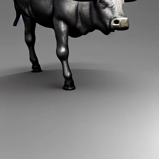 Image similar to a standing bull android modeled after a bull made of hard rubber looking into the camera, android, cyborg, half body, intricate, 3 d, fantasy, depth of field, octane render, symmetrical, hyper realism, highly detailed, digital art, artstation, concept art, cinematic lighting, trending