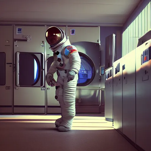 Image similar to a beautiful photo of an astronaut waiting in a laundromat, soft light, morning light, photorealistic, realistic, octane, 8k, cinematic shot