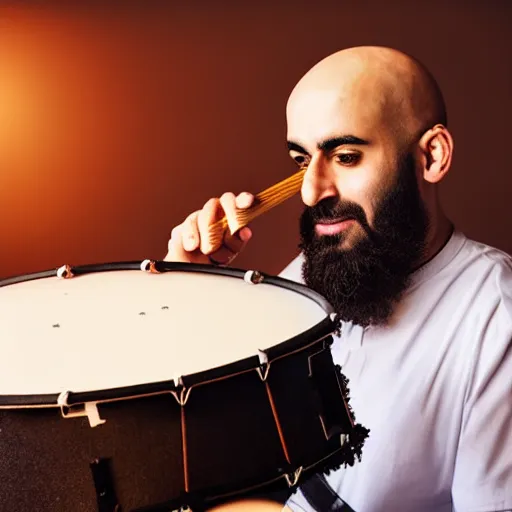 Image similar to bald arab guy with a beard playing on a professional drum kit, extremely detailed, realistic, soft lighting