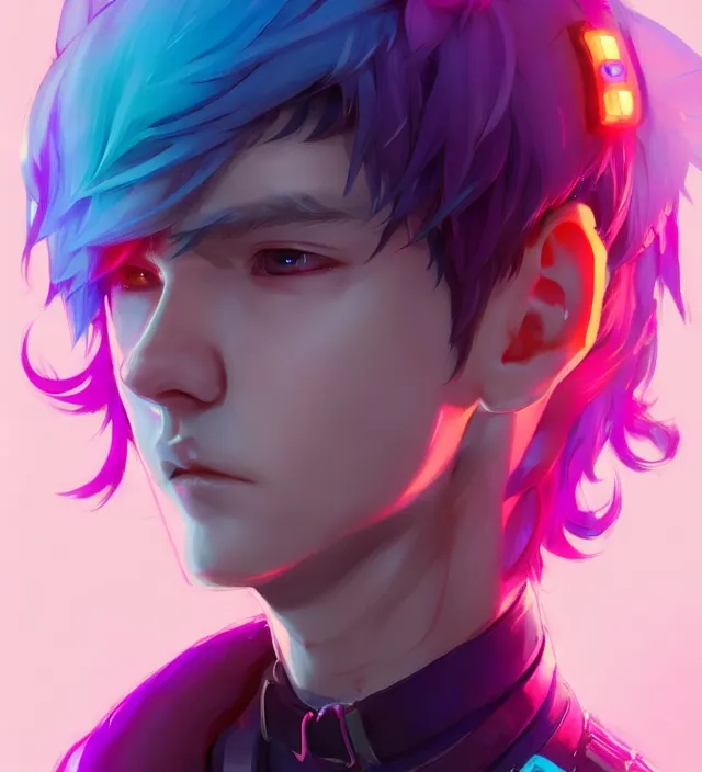 Image similar to character concept art of a cute young cyberpunk boy with colorful hair and collar | | cute - fine - face, pretty face, key visual, realistic shaded perfect face, fine details by stanley artgerm lau, wlop, rossdraws, james jean, andrei riabovitchev, marc simonetti, and sakimichan, trending on artstation