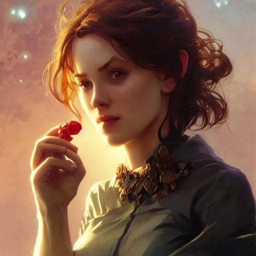 Prompt: A flirtatious looking pale irish woman eating a potato, Sci-fi, fantasy, intricate, cinematic lighting, highly detailed, digital painting, artstation, concept art, smooth, sharp focus, illustration, art by Artgerm and Greg Rutkowski and Alphonse Mucha