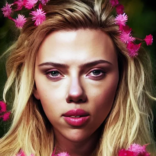 Image similar to Scarlett Johansson portrait with face made of wild flowers