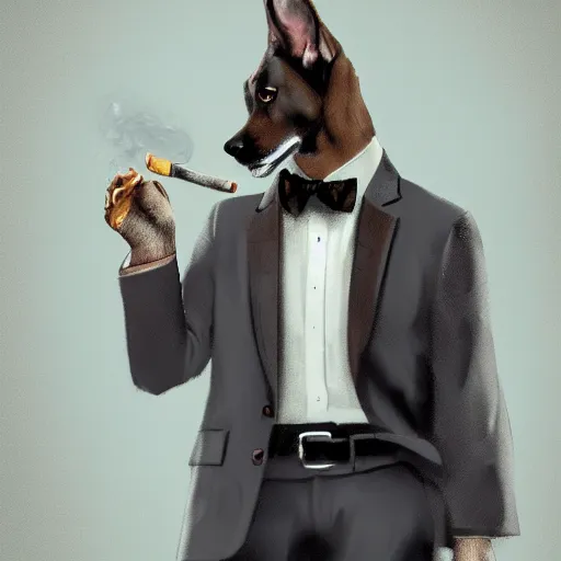 Image similar to a dog wearing a business suit smoking a cigar, dramatic lighting, cinematic, establishing shot, extremly high detail, photorealistic, cinematic lighting, concept art, artstation, style by greg rutkowsky