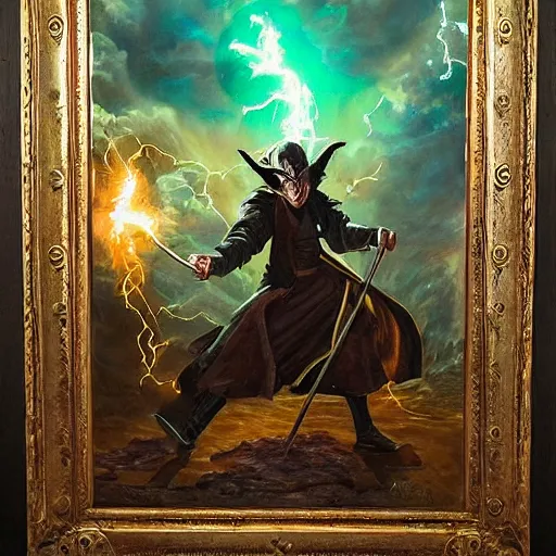 Image similar to A wizard fighting the forces of evil, hyperrealistic, award winning painting