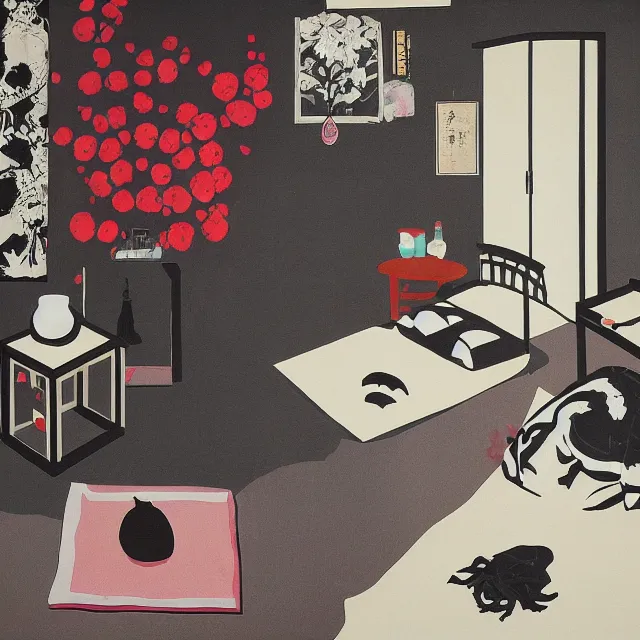 Image similar to japanese bedroom room with black walls, sensual portrait of a woman sleeping, cracked handmade pottery vase, white flowers on the floor, puddle of water, octopus, squashed berries, neo - expressionism, surrealism, acrylic and spray paint and oilstick on canvas