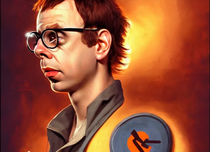 Image similar to young rick moranis with brown hair and a goatee in the fifth element, far future, highly detailed, trending on artstation, intricate, cinematic composition, by rutkowski