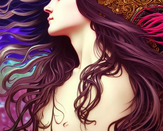 Image similar to overlord, psychedelic flowing hair, close eyes, portrait, highly detailed, deep focus, elegant, digital painting, smooth, sharp focus, illustration, ultra realistic, 8 k, art by artgerm and alphonse mucha