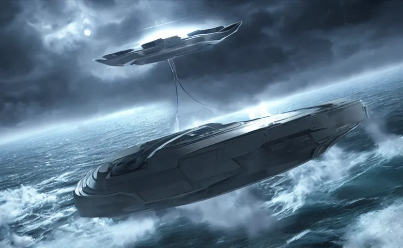 Prompt: one small alien ship flies high above a stormy ocean, sci-fi concept art, unreal engine 3d