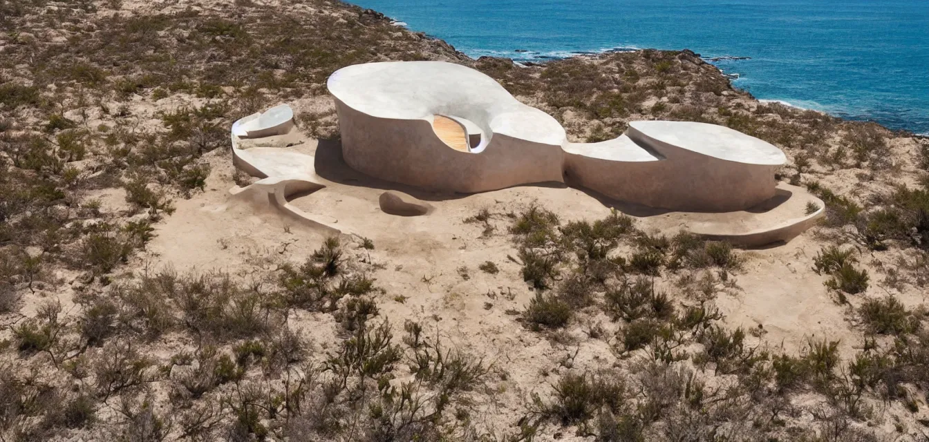 Image similar to a baja california desert by the sea, a seashell shaped house, in the style of maurice noble