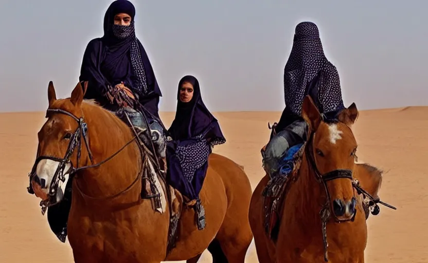 Image similar to beautiful burqa's woman, riding a horse!!! in saharan, sharp eyes, handling riffle on chest, shooting pose, perfect posture, dust, cinematic, dynamic pose, pinterest, center of interest, very perfect object, award winning photo by national geographic