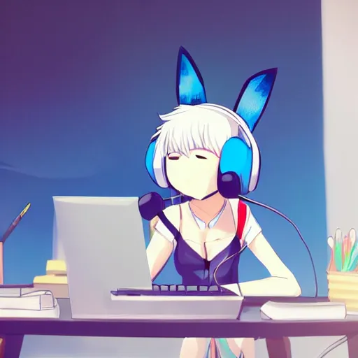 Prompt: anime girl with white hair and blue eyes, wearing cat ear headphones, sitting at desk at keyboard, programming, cute, pixiv, anime